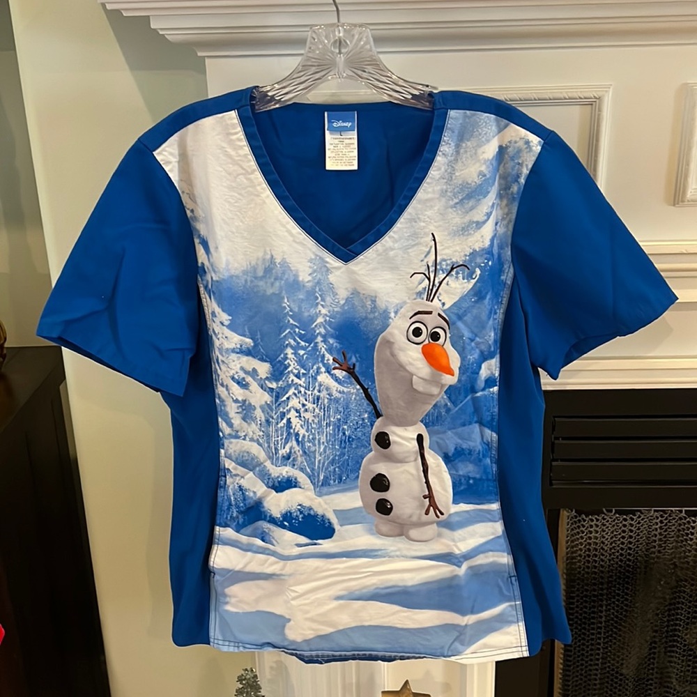 Disney Blue Olaf Snow Scene Scrub Top